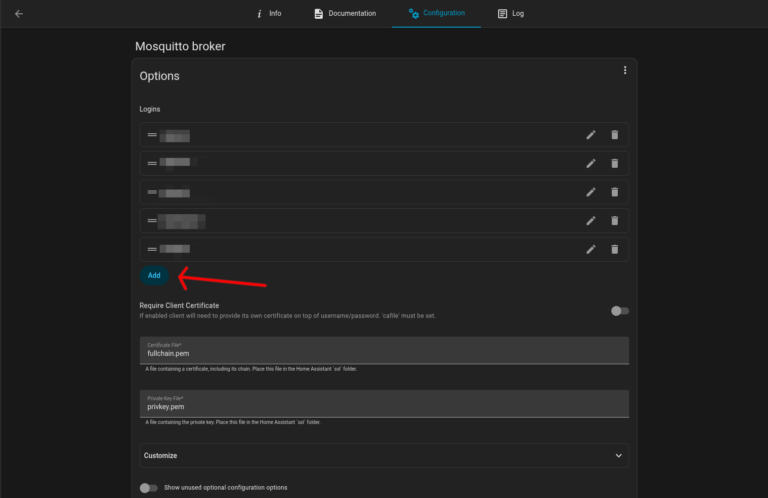 Screenshot of the Mosquitto broker configuration page in homeassistant