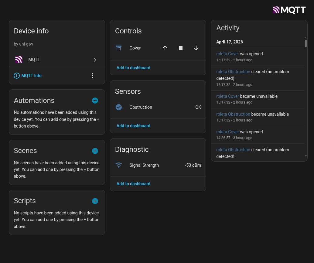 Screenshot of a blind controlled via uni-gtw
