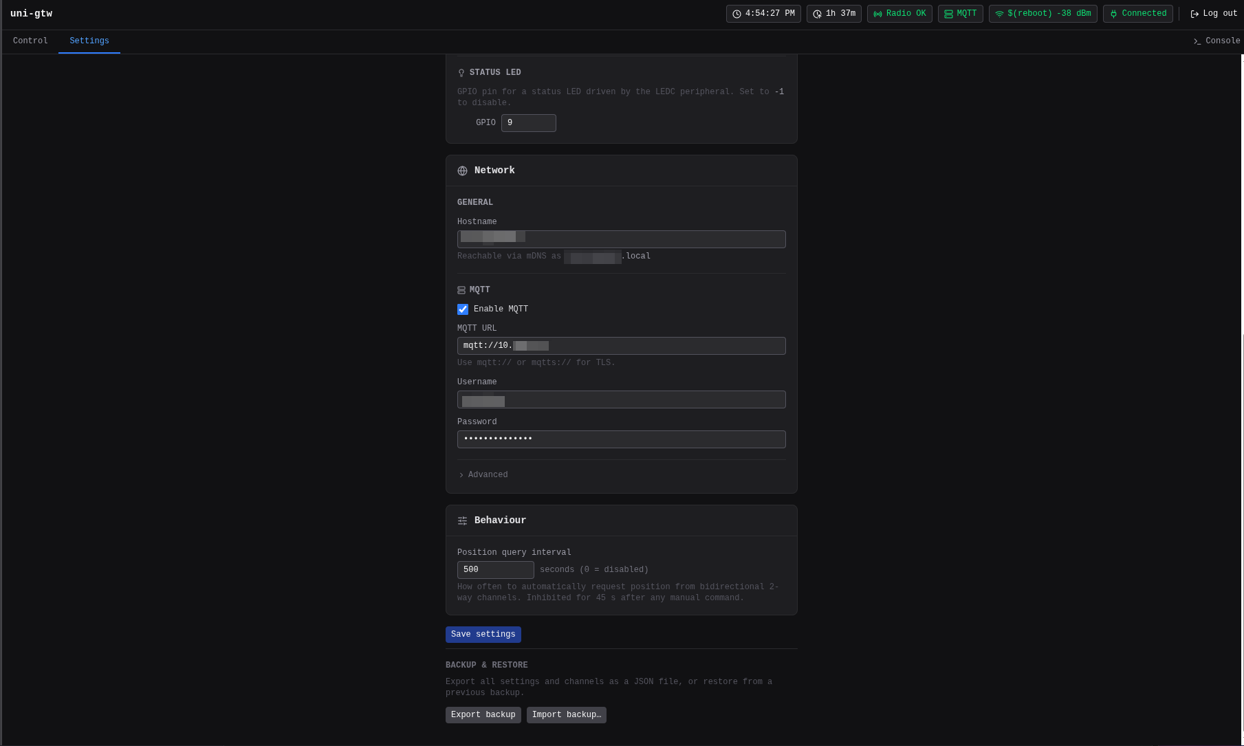 Screenshot of the MQTT configuration of uni-gtw