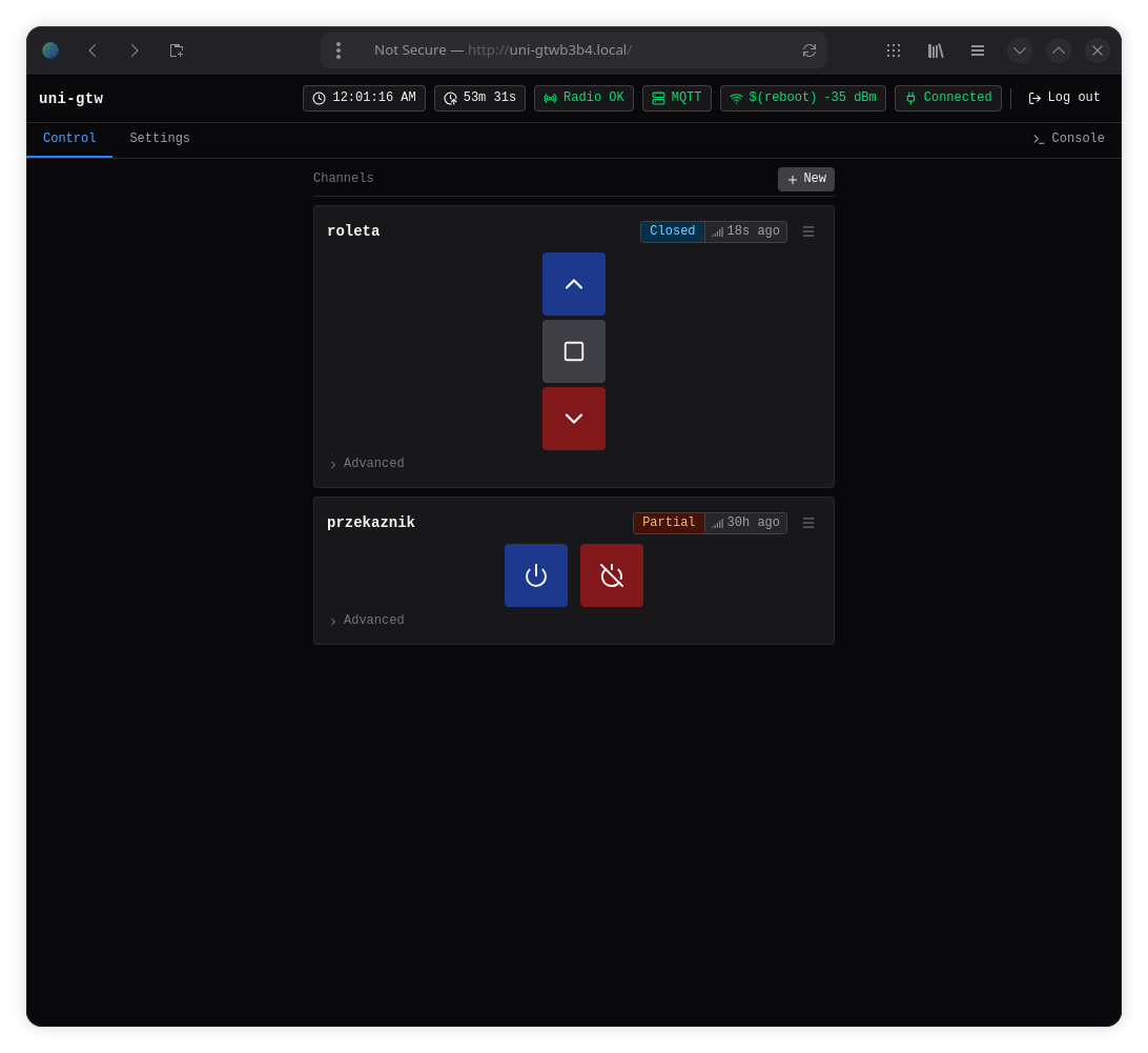 Screenshot of the gateway's web interface